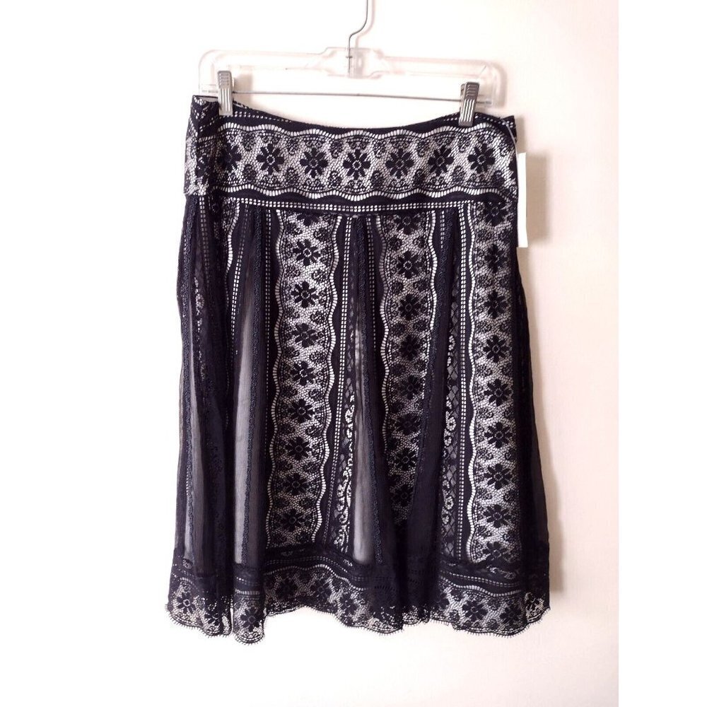 Victor Costa Lace A-Line Skirt Women's Size 8 Black White Floral Side Zip NEW